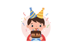 Happy child holding a chocolate birthday cake wearing colorf Product Image 1
