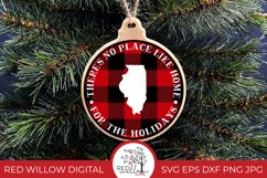 Round buffalo plaid Christmas Ornament design for Illinois with the phrase &quot;there's no place like home for the holidays&quot; displayed on a wood ornament hung from a Christmas tree. 