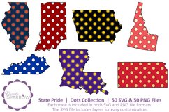 Illinois, Indiana, Iowa, Idaho, Kentucky, Louisiana, and Kansas - state outlines with polka dot patterns - cute and colorful - perfect for sublimation