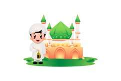 Illustration islamic muslim kid boy with mosque Product Image 1
