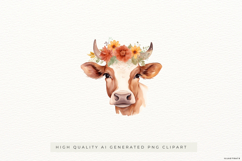 Charming watercolor cow head wearing a floral crown Product Image 1