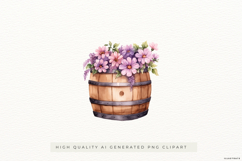 Rustic Wooden Barrel with Purple Flowers PNG Clipart Product Image 1