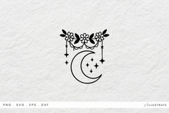 Moon with Laurel and Stars SVG Cut File Monoline Design Product Image 1
