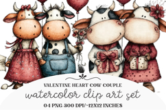 Whimsical Valentine heart Cow Couple Clipart Product Image 1