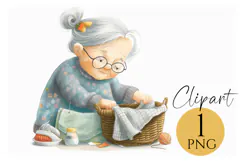 Vintage Sewing Grandma Clipart PNG, Cozy Crafting Art Product Image 1