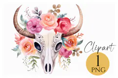 Watercolor Floral Bull Skull Clipart PNG Product Image 1