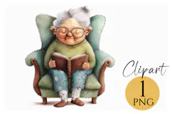 Grandma Reading Clipart PNG, Elderly Woman Illustration Product Image 1