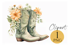 Green Floral Cowboy Boots Clipart PNG Rustic Western Decor Product Image 1