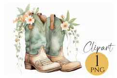 Green Floral Cowboy Boots Clipart PNG Rustic Western Decor Product Image 1