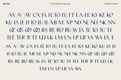 A comprehensive grid of discretionary ligatures for the Biarritz font. Decorative connected letter pairs with elegant, fluid swashes create a sophisticated and rhythmic typographic pattern in navy blue.