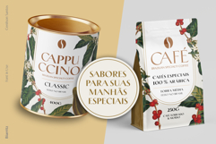 Packaging for Brazilian specialty coffee featuring "Cappuccino" and "Café." The design uses botanical coffee leaf illustrations and elegant serif fonts on a tin and bag with gold accents.
