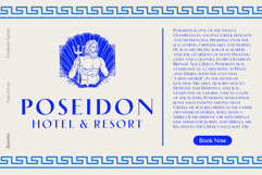 "Poseidon Hotel &amp; Resort" branding in blue and white. Includes an illustration of Poseidon, a Greek fret border, and sharp serif typography for the title and descriptive text.