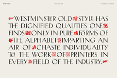 A typographic specimen featuring text about "Westminster Old Style." The navy serif typography is uniquely interspersed with vibrant red floral ornaments and decorative pointing hand icons.