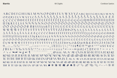 The complete glyph set for the Biarritz font, including uppercase letters, accented characters, numbers, symbols, ligatures, and botanical ornaments, all presented in navy blue on beige.