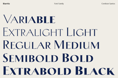 Typography showcase of the Biarritz font family weights, ranging from Extralight and Light to Extrabold and Black. High-contrast serif characters are displayed in navy blue on a light beige background.