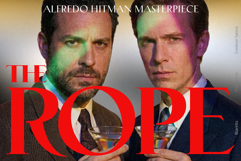 Vintage movie poster for "THE ROPE" with a large, bold red serif title overlapping two men in suits holding martinis. The grainy, retro aesthetic suggests a classic cinematic masterpiece.