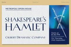 Theatre announcement for "Hamlet" using stylish dark blue serif lettering on a textured background. A graphic of crossed swords appears on a vibrant blue panel, creating a dramatic contrast.