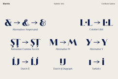 Showcase of Biarritz's stylistic sets, displaying alternative glyphs for the ampersand, the letters M and Y, and language-specific accents for Catalan, Romanian, Dutch, and Turkish.