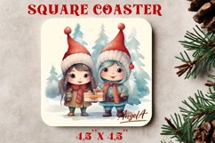 Christmas square coaster sublimation, Watercolor boy girl Product Image 1
