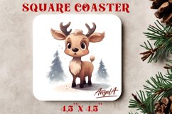 Christmas square coaster sublimation, watercolor baby deer Product Image 1