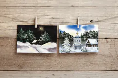 Watercolor winter snowy landscape with lantern trees and hou Product Image 5