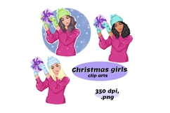 Christmas girls cliparts, Christmas gift png, New Year png Product Image 1