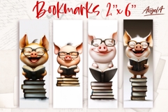 Printable kids bookmark sublimation, pig with book stack Product Image 1