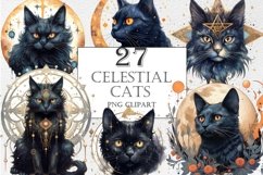 Celestial black cats clipart, Fantasy watercolor black cats Product Image 1