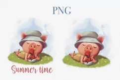 Cute Pig with strawberry PNG, Summer time sublimation design Product Image 1