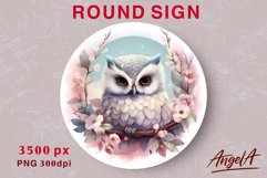 Watercolor animal round sublimation, cute owl, spring flower Product Image 1