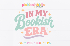 Bookish SVG file for makers and small business owners, shown as a clean mockup with pastel retro fonts and decorative sparkles on a white background.