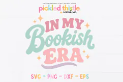 Bookish SVG file for makers and small business owners, shown as a clean mockup with pastel retro fonts and decorative sparkles on a white background.