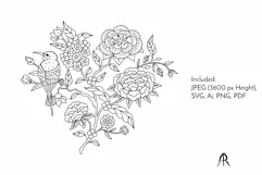 Floral Motif with Bird SVG | Monochrome Line Art Flowers Product Image 2