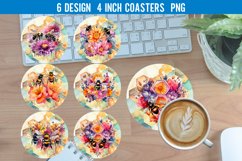 Bee &amp; Flower Stained Glass Round Coaster Sublimation Design Product Image 1