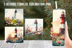 Watercolor Lighthouse Tumbler Wrap Sublimation Designs Product Image 1