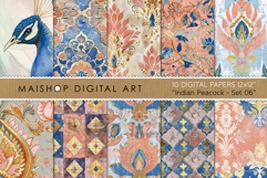 Earthy indian peacock and oriental floral seamless patterns with gold ornamental details on a terracotta and cream palette.