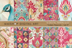 Exotic indian peacock and oriental floral seamless patterns with gold ornamental details on a turquoise and magenta palette.
