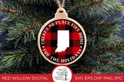 Round buffalo plaid Christmas Ornament design for Illinois with the phrase &quot;there's no place like home for the holidays&quot; displayed on a wood ornament hung from a Christmas tree. 