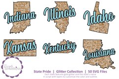 Indiana, Illinois, Idaho, Kansas, Kentucky, and Louisiana SVG files featuring gold glitter and script text that allows for color customization.