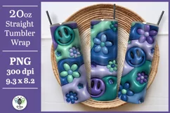 Blue and purple inflated floral smiley face PNG being shown on a 20oz tumbler