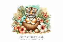 Tropical Floral Watercolor Baby Tiger Clipart Product Image 1