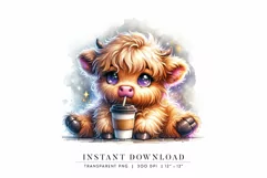 Cute Highland Cow Clipart, Adorable Cow with Coffee Product Image 1