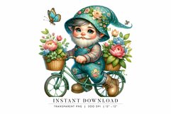 Floral Gnome on Bike PNG, Spring Gnome Clipart Product Image 1