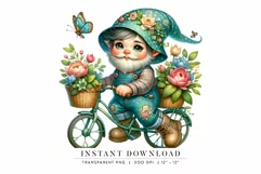 Floral Gnome on Bike PNG, Spring Gnome Clipart Product Image 1
