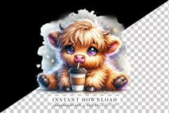 Cute Highland Cow Clipart, Adorable Cow with Coffee Product Image 2