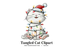 Cute Santa Hat Cat Tangled in Lights Clipart PNG Product Image 1