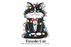 Grumpy Tuxedo Cat Clipart PNG - Cat in Christmas Lights Product Image 1