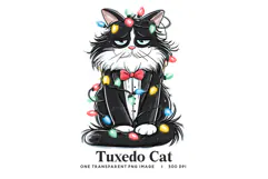 Grumpy Tuxedo Cat Clipart PNG - Cat in Christmas Lights Product Image 1