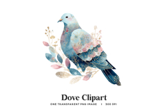 Watercolor Dove Clipart PNG - Gold and Blue Floral Bird Art Product Image 1