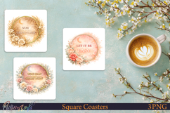 Inspirational Floral Moon Coasters | Square Sublimation PNG Product Image 1
